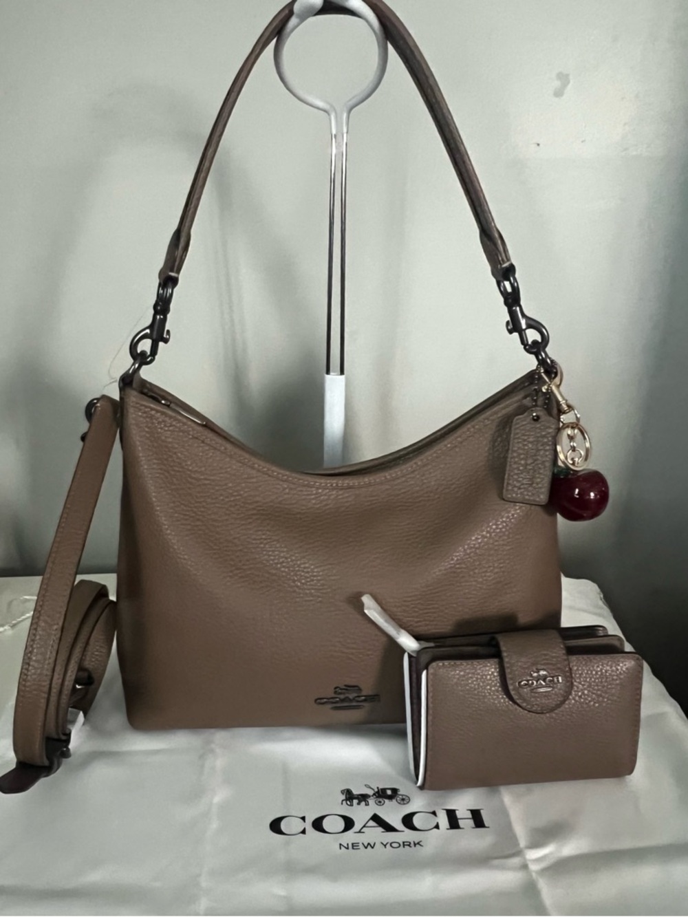 COACH Pebbled Leather Shoulder Bag and Wallet in Taupe Brown